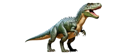 Tyrannosaurus Rex, cartoon style, green and brown skin, sharp teeth, fierce eyes, powerful legs, short arms, massive body, standing upright, roaring, detailed scales, shiny texture, soft focus backgro