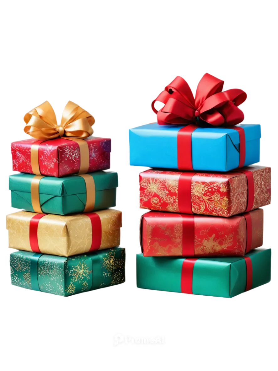 Christmas presents, colorful wrapping papers, ribbons, bows, shiny gifts, stacked, solo, festive atmosphere, detailed textures, soft focus, warm lighting, 3/4 composition, shallow depth of field, vibr