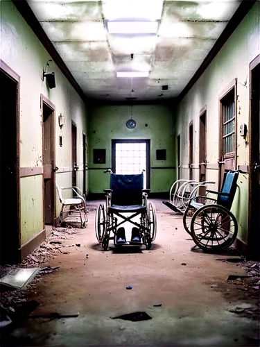 Creepy atmosphere, abandoned asylum setting, eerie darkness, flickering fluorescent lights, worn-out medical equipment, old rusty wheelchairs, peeling walls, haunting whispers, creaking doors, unsettl