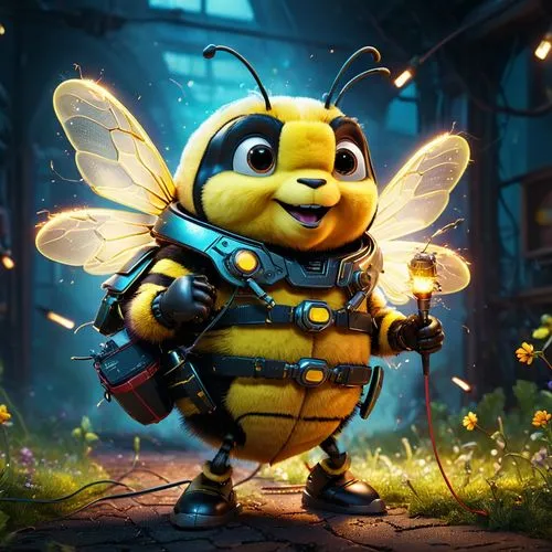 Illustrate a playful bumble bee receiving its bachelor degree as electrical engineer, wearing an electricans belt, high voltage sparks surrounding him. Pixar, Disney, concept art, 3d digital art, Maya