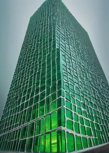  Futuristic, platonic, white and green, geometric architecture, towering skyscraper, gleaming glass, metallic accents, intricate latticework, neon lights, cyberpunk cityscape, dusk, low-angle shot, dr