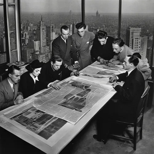 The Editorial Board of the Skyscraper hard at work getting an issue to print, 1940,people reading newspaper,board room,newspaper reading,boardroom,newsgroup,commercial newspaper,newspapers,company hea