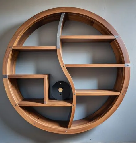 a yin yang wall shelves made of wood and metal,a circular wall shelf holding items in a room,circle shape frame,wooden cable reel,plate shelf,roundels,copper frame,tsuba,Photography,General,Realistic