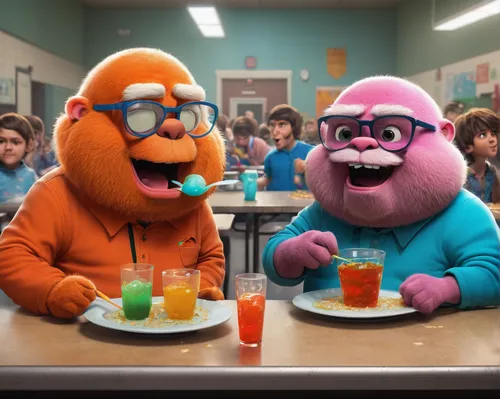 the muppets,ernie and bert,sesame street,kids' meal,the bears,nungesser and coli,dinner,anthropomorphized animals,last supper,commercial,beaker,family dinner,great apes,drinking party,orange,fanta,orange drink,cgi,orange slices,puppets,Conceptual Art,Fantasy,Fantasy 15