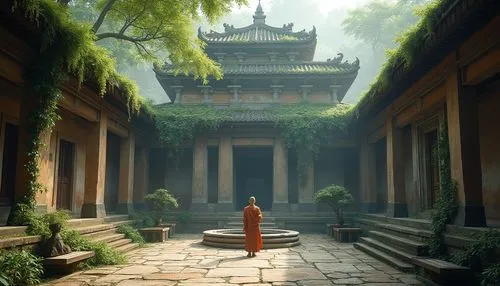 Monastery, ancient, stone structure, weathered exterior walls, intricate carvings, grand entrance, peaceful courtyard, lush greenery, misty atmosphere, soft morning light, tranquil ambiance, worn cobb