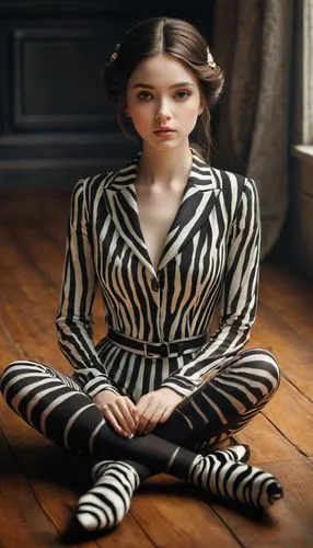 A captivating cinematic photograph features a stunningly beautiful woman. She has striking zebra-like stripes on her skin, which contrast beautifully with her elegant black and white outfit. The chara