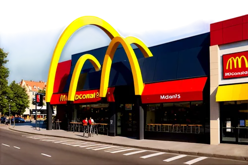 McDonald's restaurant, vibrant yellow arches, red roofs, glass windows, modern architecture, urban setting, busy streets, morning sunlight, shallow depth of field, warm color tone, 3/4 composition, cl