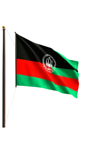 Afghanistan flag, waving in wind, horizontal layout, red, black, and green stripes, golden emblem, detailed texture, morning sunlight, shallow depth of field, panoramic view, 3/4 composition, realisti