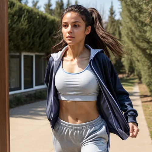 She ends up wearing a tracksuit.  going for a run  She is at the door.,athleta,jogger,female runner,activewear,jogging,running,sportswear,athletic body,sporty,jogged,workout,sweatpants,jog,exercise,jo