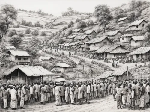 korean folk village,khokhloma painting,village scene,korean village snow,luo han guo,panokseon,guizhou,korean history,traditional village,sapa,andong jjimdak,darjeeling,seolleongtang,kimchijeon,miyeok guk,janggu,yeongsanhong,yuanyang,damyang,bai mudan,Illustration,Black and White,Black and White 35