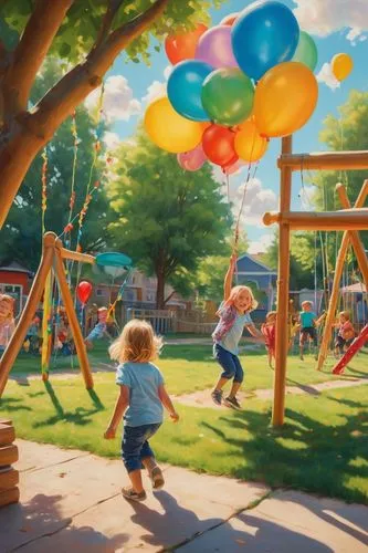 colorful kindergarten, kids playing, joyful atmosphere, bright sunlight, vibrant balloons, slides, swings, sandbox, climbing frames, merry-go-round, wooden benches, flower beds, green grass, trees wit