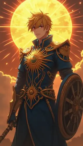 3d realistic character image of a guardian of solar justice in a future where energy equality is paramount. His attire radiates with sun disk patterns and justice scales, reflecting the balance of pow