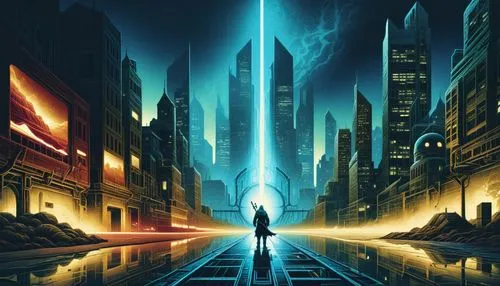 a sci - fi movie poster with a man holding an electronic device in his hand,tron,cybercity,jablonsky,metropolis,polara,coruscant,Illustration,Realistic Fantasy,Realistic Fantasy 25