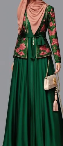 3d fashion drawing of long maxi chic dark green wool abaya for Muslim hejab with roses . with green and dark orange and off white roses and dark green roses and pink roses roses and beige reses with p