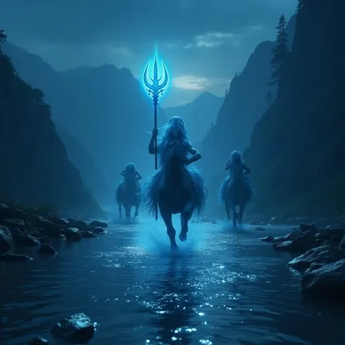  fullbodyshot view of  an CENTAURS look like shiva holding a glowing blue trident FROM greek mythology at night running with other centaurs in a river surrounded by mountains, beautiful scenery, best 