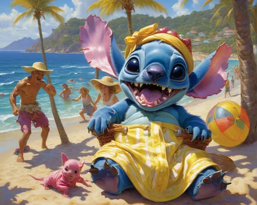 stitch,skylander giants,sea devil,skylanders,disney character,summer background,beach goers,yo-kai,scandia gnome,caribbean beach,scandia gnomes,kobold,cg artwork,beach background,3d fantasy,delight island,children's background,island residents,luau,summer icons,Illustration,Realistic Fantasy,Realistic Fantasy 03