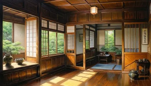 japanese-style room,ryokan,wooden windows,junshan yinzhen,japanese art,watercolor tea shop,study room,oriental painting,japanese architecture,tea ceremony,hanok,china cabinet,tatami,veranda,tsukemono,bamboo curtain,open window,sitting room,japanese-style,shirakami-sanchi,Illustration,Realistic Fantasy,Realistic Fantasy 03