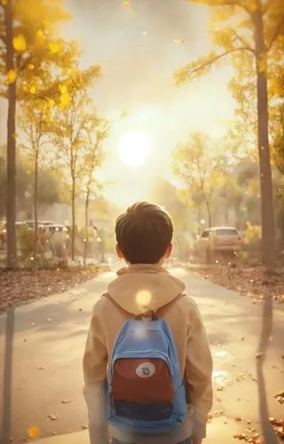 Happiness is a world of lights, backview of boy with backpack,a little boy with a blue backpack walking down the street,terabithia,backpack,hosoda,autumn background,autumn walk,bookbag,Photography,Gen