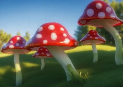 some big mushrooms on a green grassy field,mushroom landscape,toadstools,mushroom island,toadstool,forest mushrooms,mushrooms,Photography,General,Realistic