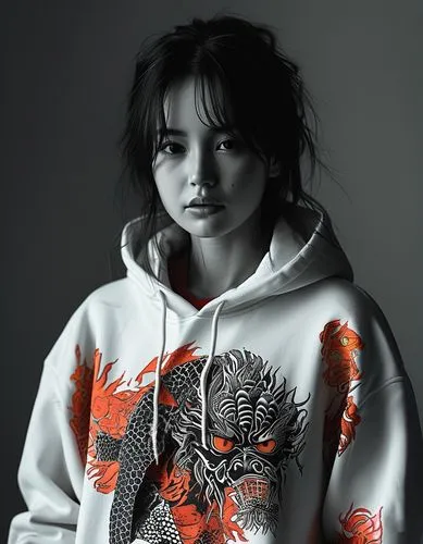 a woman with an asian dragon on her hoodie,bjork,sweatshirt,maisie,zhenya,kenzo,hoodie