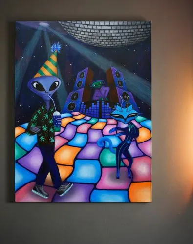 painting hangs in the disco neon room,psychonauts,zooropa,ufo interior,epcot spaceship earth,spaceland,popmart,disco,digiart,martians,alebrije,dancefloor,extraterrestrials,interdimensional,abstract ca