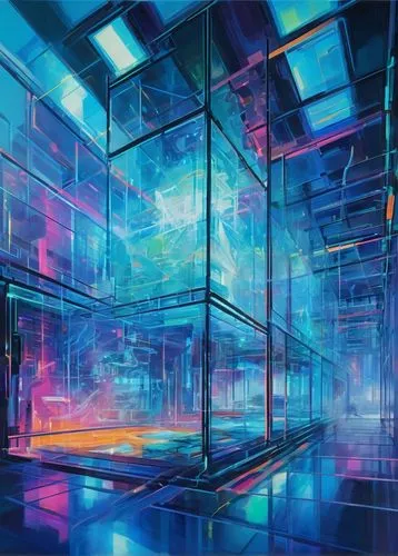 futuristic art museum,glass wall,cybercity,cyberscene,hypermodern,glass building,cyberpunk,cyberport,cyberia,tsuneo,glass blocks,plexiglass,cybertown,nightclub,futuristic landscape,cyberview,ufo interior,cyberworld,bladerunner,cyberspace,Conceptual Art,Oil color,Oil Color 20