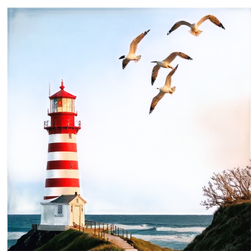 Lighthouse, seaside, towering structure, white and red stripes, lantern room, glass windows, spiral staircase, rusty iron door, waves crashing, seagulls flying, sunset background, warm golden light, 3