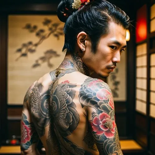 traditional Japanese yakuza tattoos,a man with a large, intricate tattoo stands in front of a framed image,yakuza,hiromasa,kiryu,tatsuhiko,samurai fighter,ryohei,Photography,Documentary Photography,Do