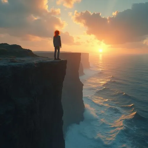 a very high cliff above a raging ocaean, old business man with orange hair Cement-Hairstyle standing on the edge of the cliff in direction of the ocean, sunset, cinematic ultra-reallistic,the woman is