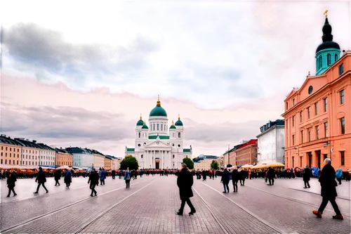 Helsinki Finland, cityscape, Nordic architecture, Senate Square, Helsinki Cathedral, Uspenski Orthodox Cathedral, market square, tram, people walking, cloudy sky, soft light, 3/4 composition, shallow 