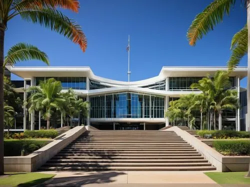 Rockhampton city hall, modern architecture, sleek lines, glass façade, metallic structure, grand entrance, symmetrical composition, stairs leading up, lush greenery surrounding, tropical plants, palm 