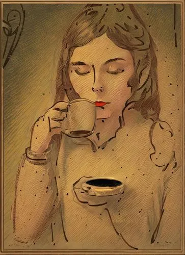 colored pencil of a young woman drinking tea,woman drinking coffee,coffee tea illustration,woman at cafe,coffee tea drawing,café au lait,coffee watercolor,a cup of coffee,french coffee,drinking coffee