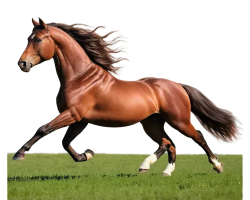 Majestic horse, running freely, galloping, flowy mane, shiny brown coat, strong muscles, detailed hooves, green meadow background, soft focus, warm lighting, cinematic composition, panoramic view, 3/4