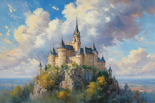 hohenzollern castle,disney castle,fairytale castle,neuschwanstein,fairy tale castle,neuschwanstein castle,hohenzollern,sleeping beauty castle,cinderella's castle,knight's castle,gold castle,castle,shanghai disney,fantasy landscape,summit castle,cinderella castle,medieval castle,water castle,fantasy world,castle of the corvin,Conceptual Art,Oil color,Oil Color 10