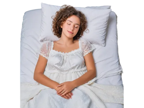 Dreamy girl, sleeping pose, gentle smile, soft eyelids, rosy cheeks, curly brown hair, lace-trimmed nightgown, delicate fingers, relaxed hands, white pillow, fluffy blanket, warm lighting, cozy atmosp