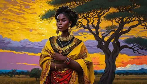 black Tabaxi female, African, dark skin, curly black hair, bright colorful beads in hair, bold eyebrows, full lips, golden earrings, vibrant traditional clothing, intricately patterned dashiki, flowy 