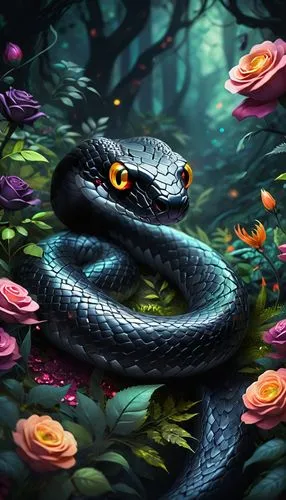 a beautiful black and shiny snake with big cunning eyes in a deep forest on a background of bright flowers, weaving black roses, sequins, bokeh, fabulous forest,a black snake with an orange eye sits i