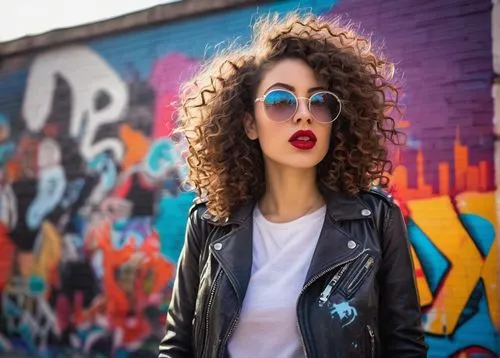 retro woman,retro women,retro girl,curly brunette,leather jacket,poodle crossbreed,the style of the 80-ies,portrait background,rosa curly,women fashion,sunglasses,rockabella,retro eighties,artificial hair integrations,street fashion,fashion street,curly hair,attractive woman,graffiti,ray-ban,Illustration,Paper based,Paper Based 06