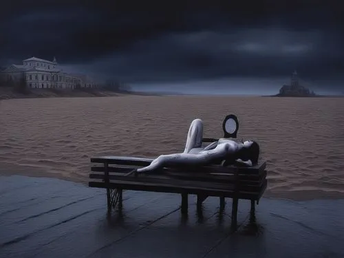 surrealism,conceptual photography,indolent,dark beach,chaise,surrealist,christakis,photo manipulation,rankin,placebo,melancholia,indolence,languid,man on a bench,unattributed,photomanipulation,mournful,recline,abandonment,desolation,Illustration,Realistic Fantasy,Realistic Fantasy 46