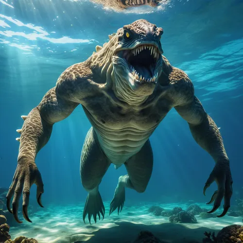 sea monsters,water creature,salt water crocodile,merman,god of the sea,sea devil,marine reptile,merfolk,river monitor,sea god,underwater background,underwater world,piranha,cynorhodon,gator,crocodile,saurian,cuthulu,poseidon god face,amphibious,Photography,General,Realistic