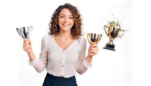 Celebratory woman, successful business lady, solo, (30yo), bright smile, shiny eyes, curly brown hair, light makeup, white blouse, black pencil skirt, high heels, holding trophy, arms raised in victor