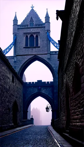 Tower Bridge, medieval architecture, stone walls, grandiose, ornate details, Gothic style, pointed arches, ribbed vaults, intricate stonework, misty atmosphere, morning fog, soft warm lighting, 3/4 co