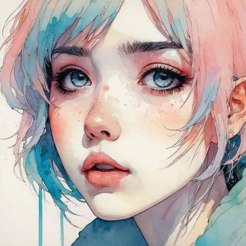 kommuna,watercolor blue,watercolor,hoshihananomia,soft pastel,watercolors,watercolor pencils,watercolor painting,bubblegum,color pencils,water colors,girl portrait,clementine,karou,watercolor background,fantasy portrait,watercolours,nausicaa,polychromy,cotton candy,Illustration,Paper based,Paper Based 19