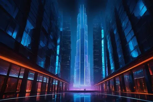 cybercity,metropolis,titanum,hypermodern,cyberport,bladerunner,polara,skyscraper,cyberia,futuristic landscape,the skyscraper,vdara,ctbuh,octavarium,monolith,coruscant,megacorporation,dystopian,futuristic,atmosfera,Art,Artistic Painting,Artistic Painting 40