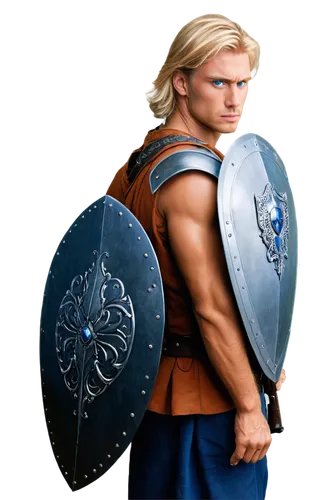 Western fantasy warrior, muscular man, armor, silver sword, shield, helmet, blonde hair, blue eyes, rugged facial features, serious expression, standing pose, dramatic lighting, 3/4 composition, high 