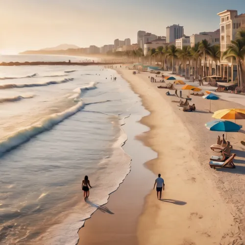 Generate a beautiful city beach with people walking around and enjoying the cozy ambiance of the beach ,brazilian beach,tel aviv,mamaia,copacabana,waikiki beach,cuba beach,acapulco,maspalomas,canary i