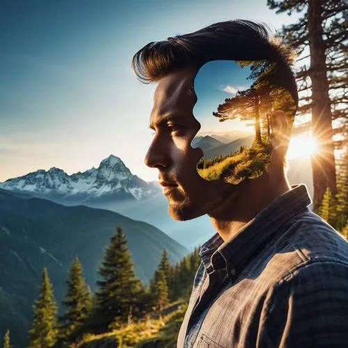 nature and man,management of hair loss,people in nature,photoshop manipulation,headset profile,photo manipulation,double exposure,photoshop creativity,free wilderness,cable programming in the northwest part,the spirit of the mountains,digital compositing,image manipulation,nature photographer,pompadour,headlamp,wireless headset,thinking man,sugar pine,july pass,Photography,General,Realistic