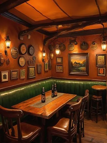 Cozy Irish pub interior, wooden floors, traditional Celtic patterns, warm candlelight, dark wood furniture, comfortable leather sofas, ornate wooden bar, Guinness beer taps, vintage whiskey barrels, r