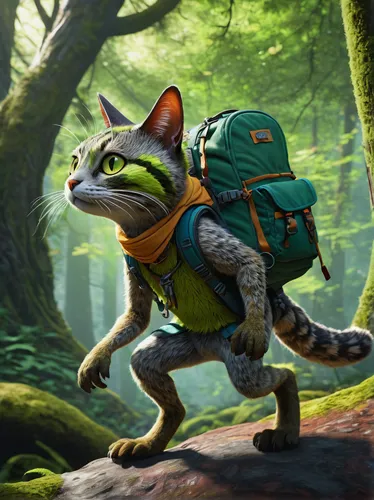 slugcat character, modded, dynamic pose, elongated body, colorful fur, expressive eyes, playful stance, textured skin, adventure gear, backpack, bandana, forest environment, moss-covered trees, dapple