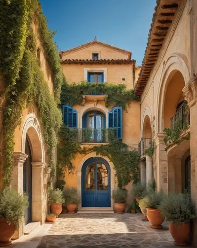 Mediterranean oacio, traditional Italian architecture, stone walls, terra cotta roofs, arched windows, ornate doorways, ivy-covered facade, lush greenery, blooming flowers, olive trees, citrus fruits,